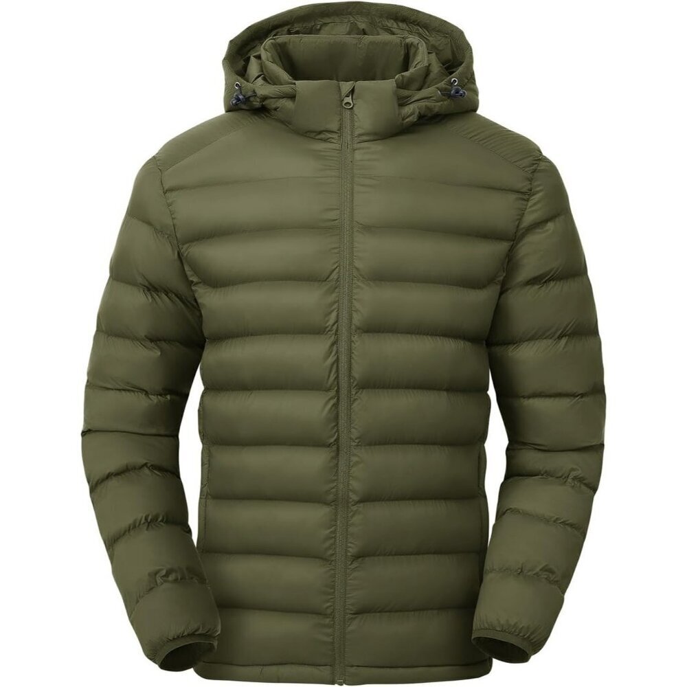 Men’s Green 100% Nylon Hooded Zip-Up Lightweight Warm Winter Puffer Jacket